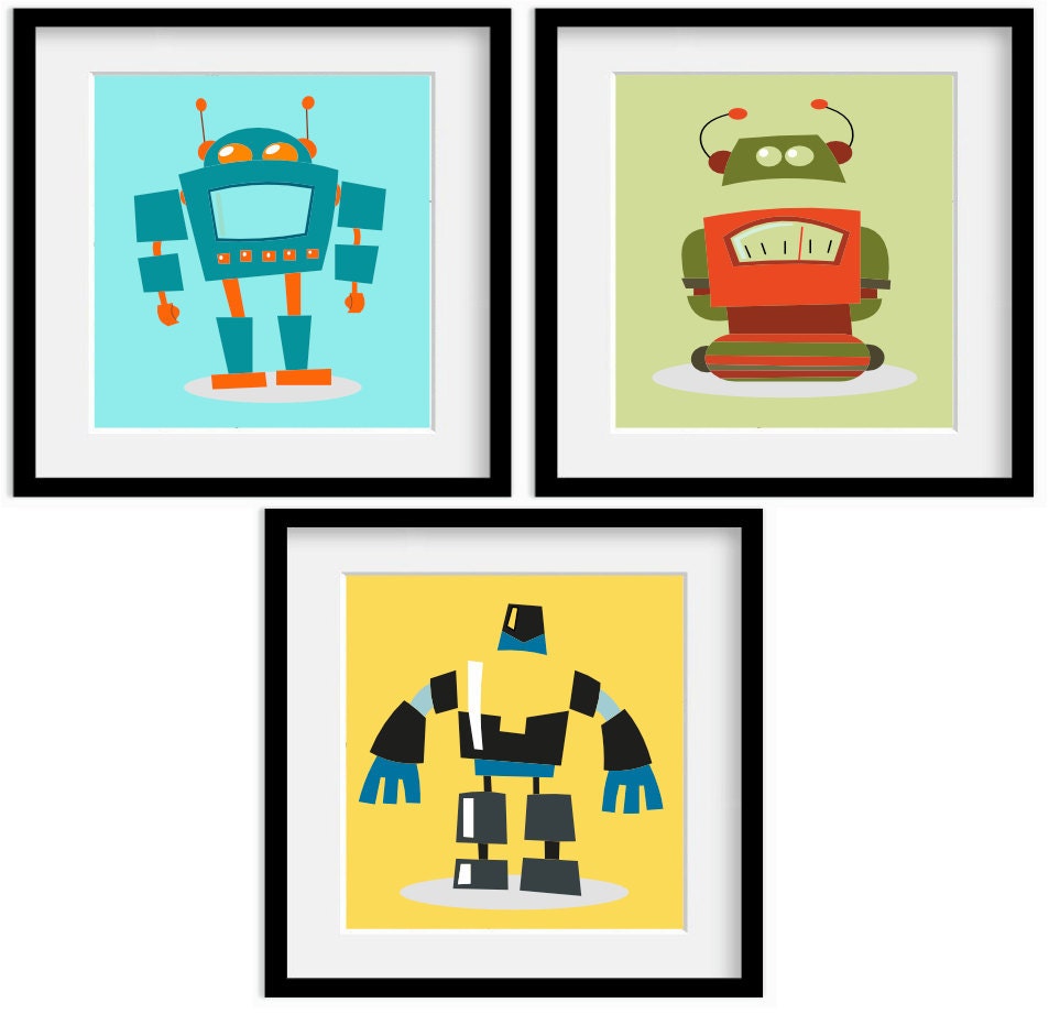 Personalized Boys Bedroom Robot Art Print Set. Three 10x8" Giclee Art Print set. Series 1.