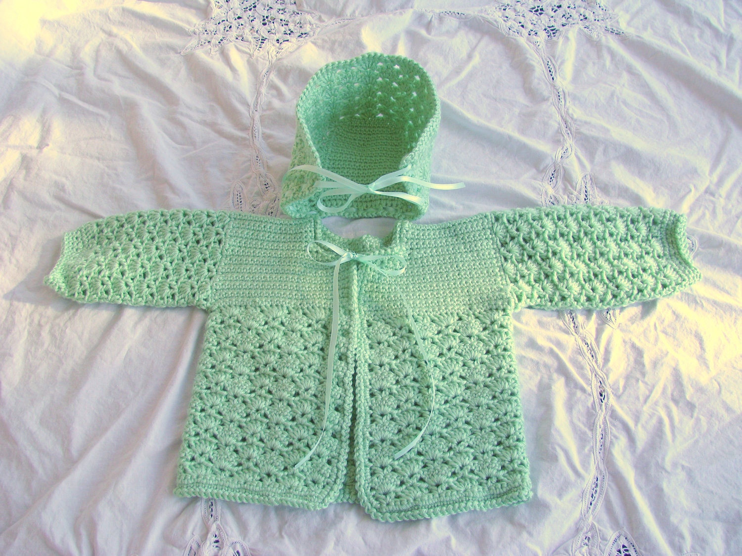 GREEN SWEATER SET - Hand Crocheted "Pistachio" Sweater and Bonnet 12 Months