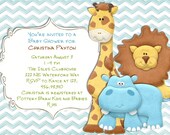 Mod Jungle Animal Baby Shower Invitation - Chevron Blue You Print Digital File - 3PeasPrints