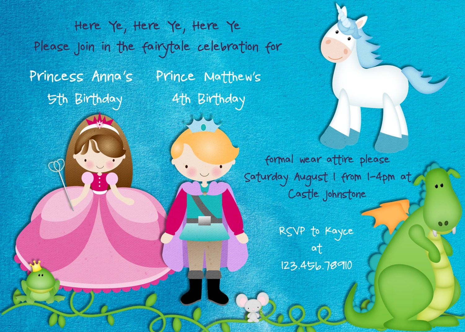 Princess Birthday Invitation Prince Unicorn Dragon Frog - Custom You Print or Email Il_570xn