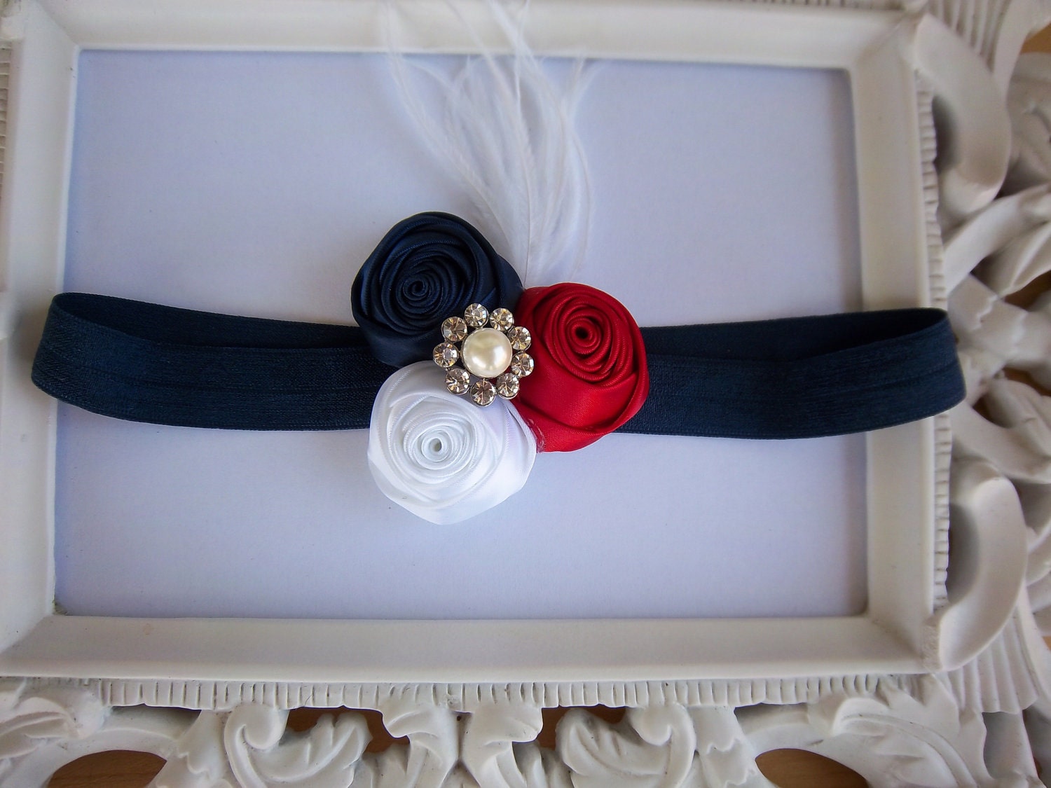 Vintage Inspired Red White and Blue Mini Rosette Trio Pearl Rhinestone Headband Newborn Infant Toddler Holiday Photo Prop-READY TO SHIP