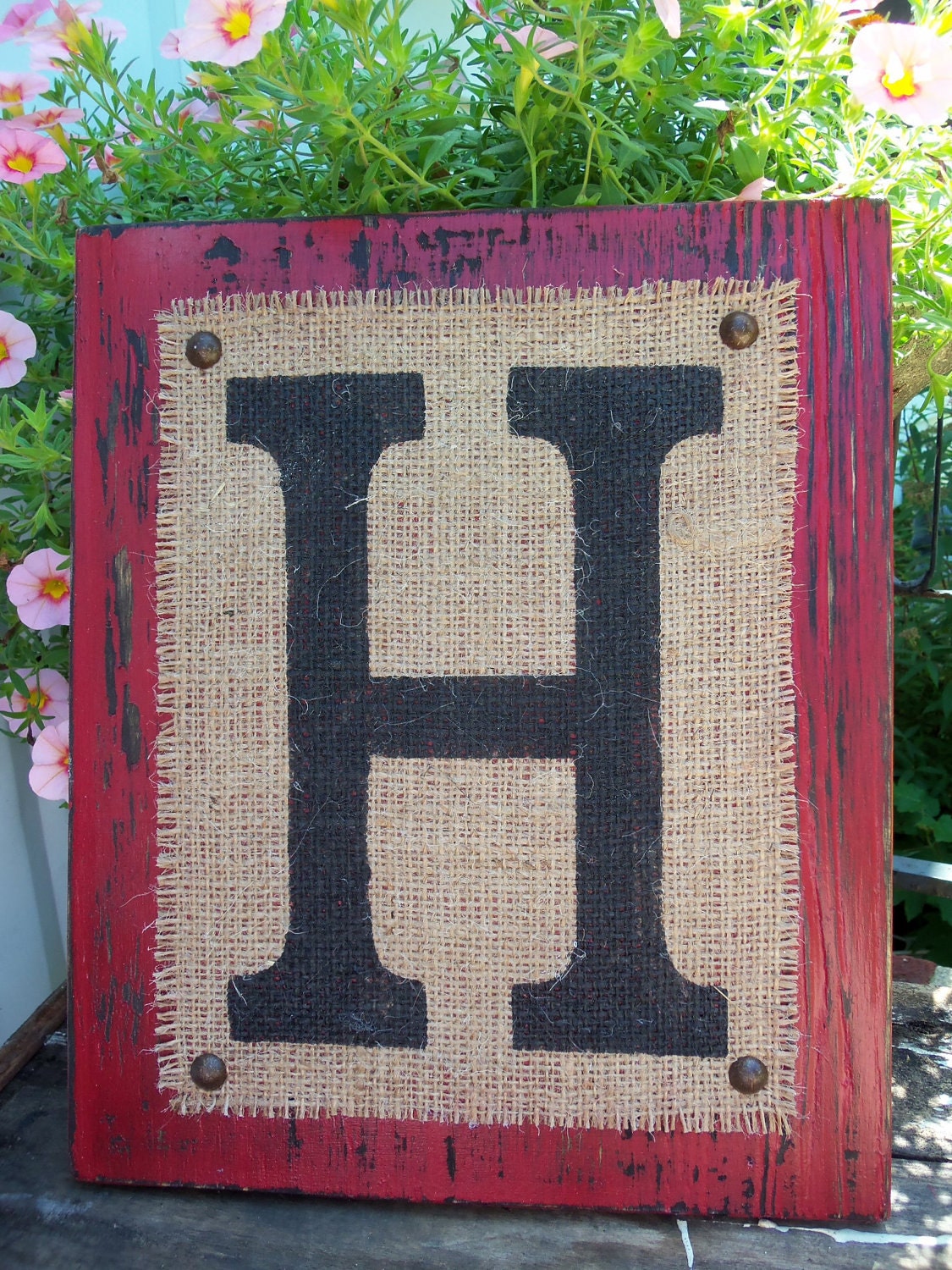 BURLAP MONOGRAM sign Personalized any letter A-Z, Initials, Name letters, Vintage Style, 12x10