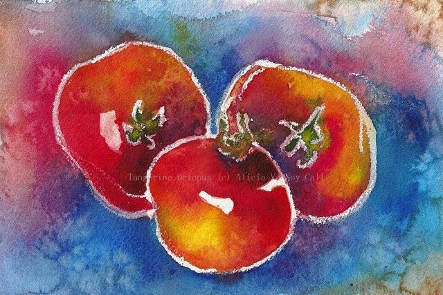 Watercolor Print Tomato Painting Red Blue 8x12 by Alicia VanNoy Call