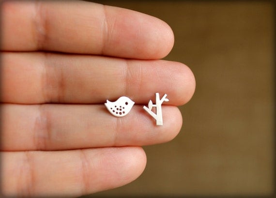 Bird and Tree Earring Studs in Matte Silver, Sterling Silver Posts