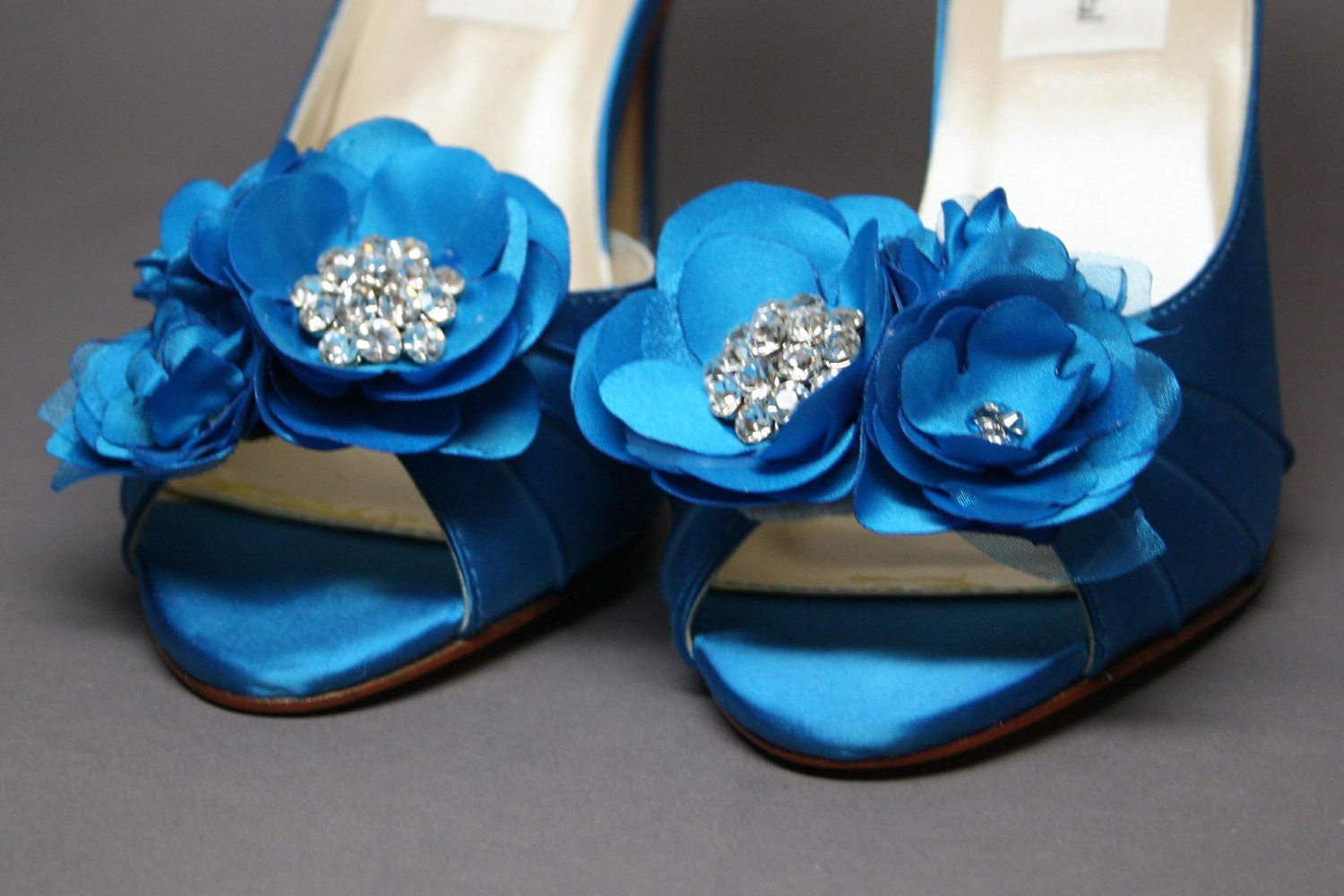 Blue Wedding Shoes -- Turquoise Peeptoe Heels with Matching Turquoise Flower and Silver Rhinestones