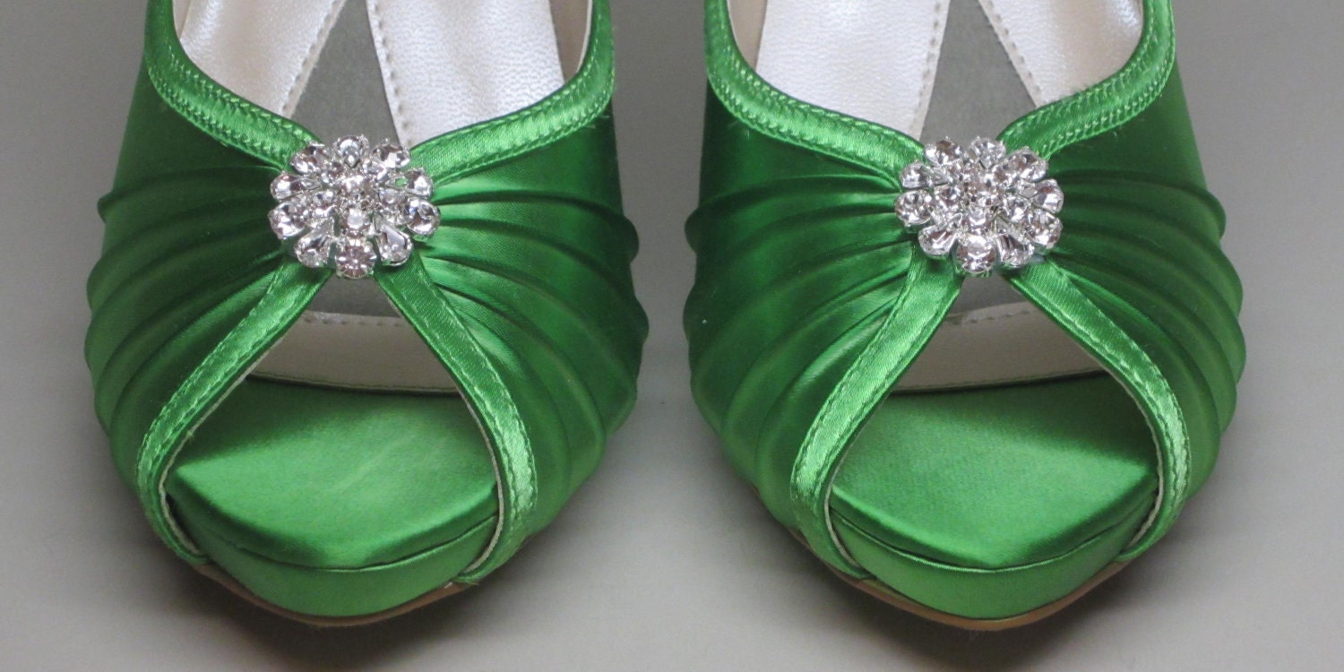 Green Wedding Shoes -- Green Platform Peeptoes with Rhinestone Adornment