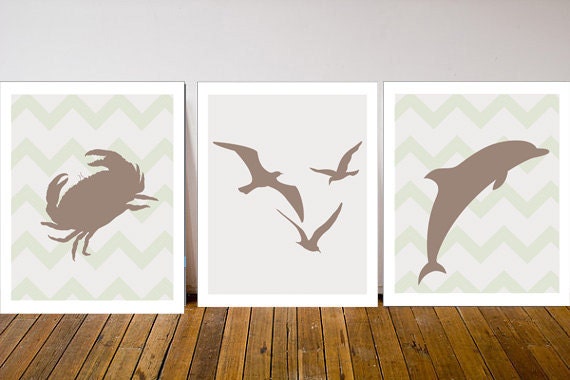 Set of Three Mint and Beige Beach Art Prints, Crab, Seagull and dolphin art, 8x10, Brown Dolphin Silhouette Art Print