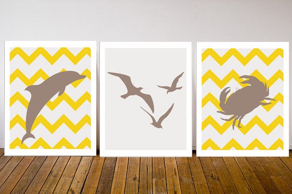 Nursery Wall Art Print Modern Crab Bird Dolphin 8 x 10 Yellow Chevron Pattern Set of Three