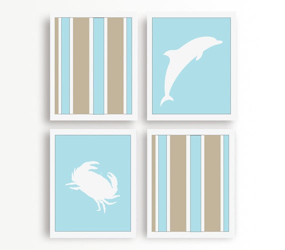 Set of Four Sea Blue Stripe Beach Art Prints, Crab and Dolphin, 8x10, Marine Wall Art, Blue Beige and White Marine animals Silhouette