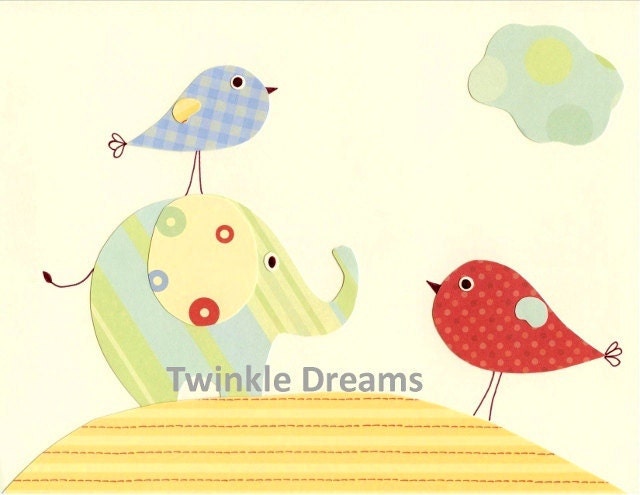 Baby Nursery Art Room Decor Elephant Blue and Green - Elephants Three - Children's/Nursery Art