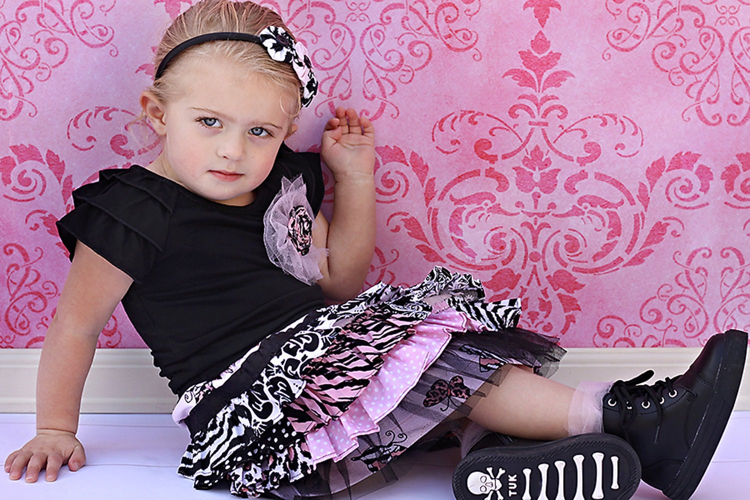 READY TO SHIP Size 2T Designer Ruffle Skirt with Flower Pin and Matching Yo Yo Headband