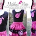 READY TO SHIP Size 12 Month Fuchsia Pink and Black Ladybug Designer Ruffle Skirt Set with Matching Korker Bows