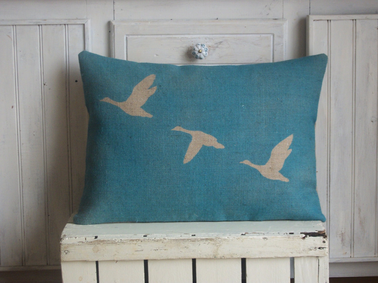 Geese in Flight  Blue Hand Printed Rustic Hessian Cushion Burlap Pillow 14" x 16" - RusticCountryCrafts