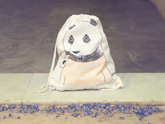 Bear - screen printed canvas backpack tote