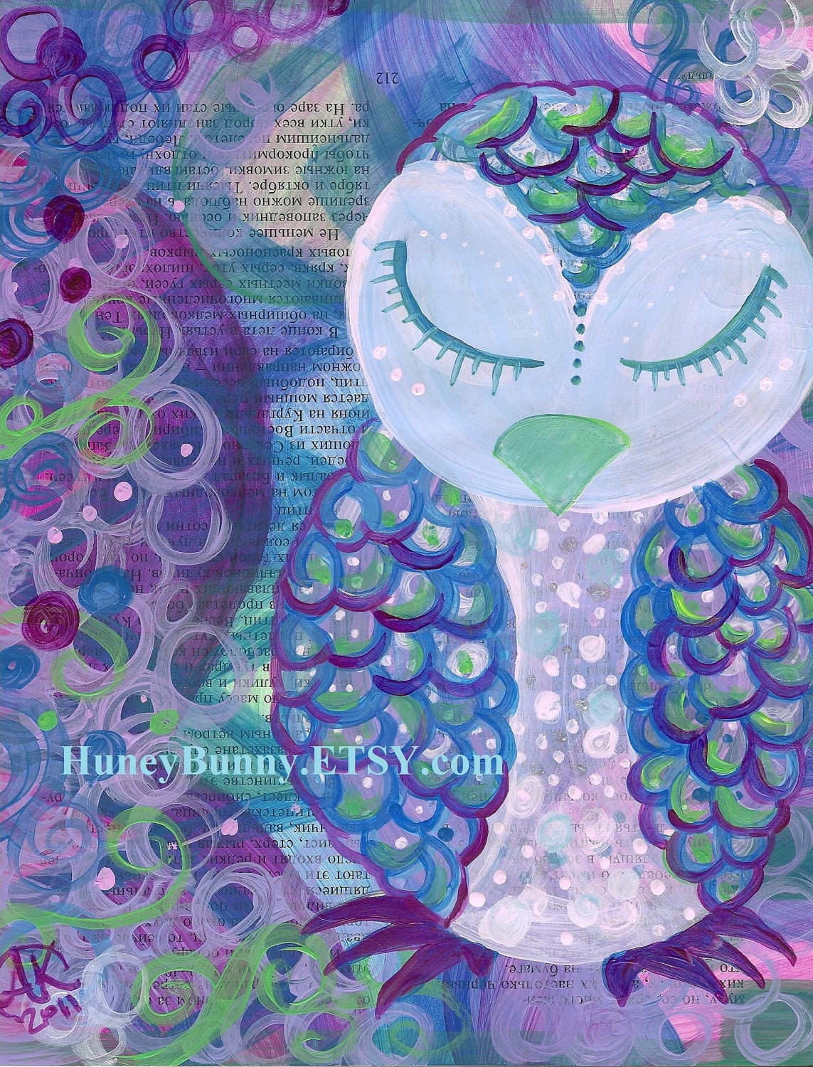 OWL ART.  Sleepy Owl on a Soviet Page. 8 X 10 Print. Whimsical Artwork from Allie Kelley
