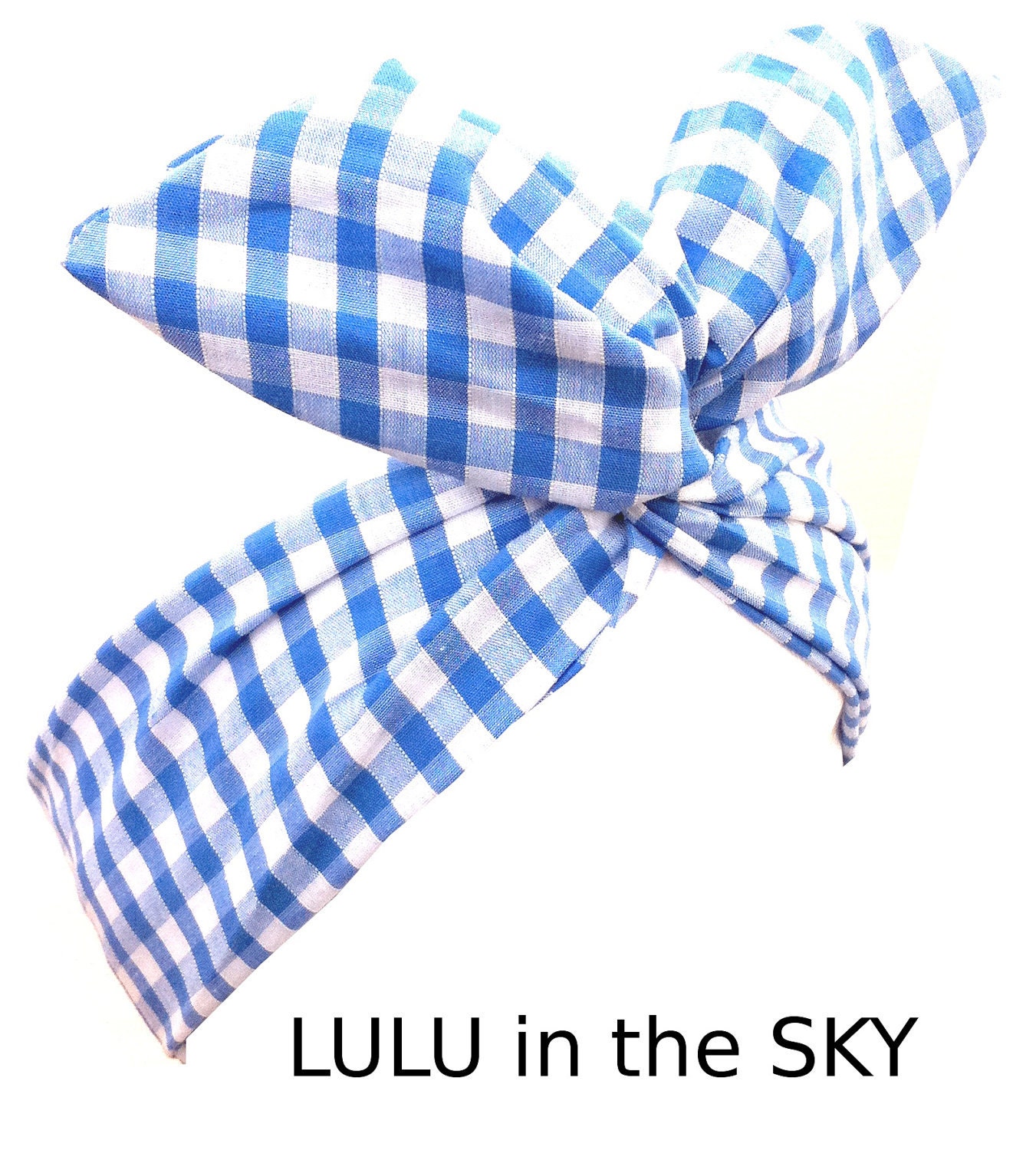 Sky Blue & White Gingham Checked wire ROCKABILLY Headband Hair Wrap