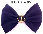 Navy Blue Nautical hair bow on clip with Gold Vintage Anchor Rockabilly Pin Up girl