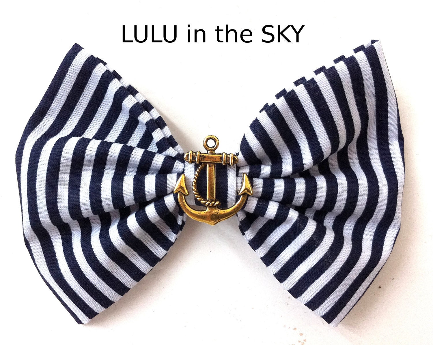 Rockabilly Pin up Navy Blue & White stripe Nautical Sailor Hair Bow Clip with Gold Anchor