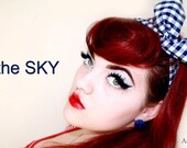 Navy Blue & White Gingham Check PIN UP wire ROCKABILLY Headband Plaid Hair Wrap