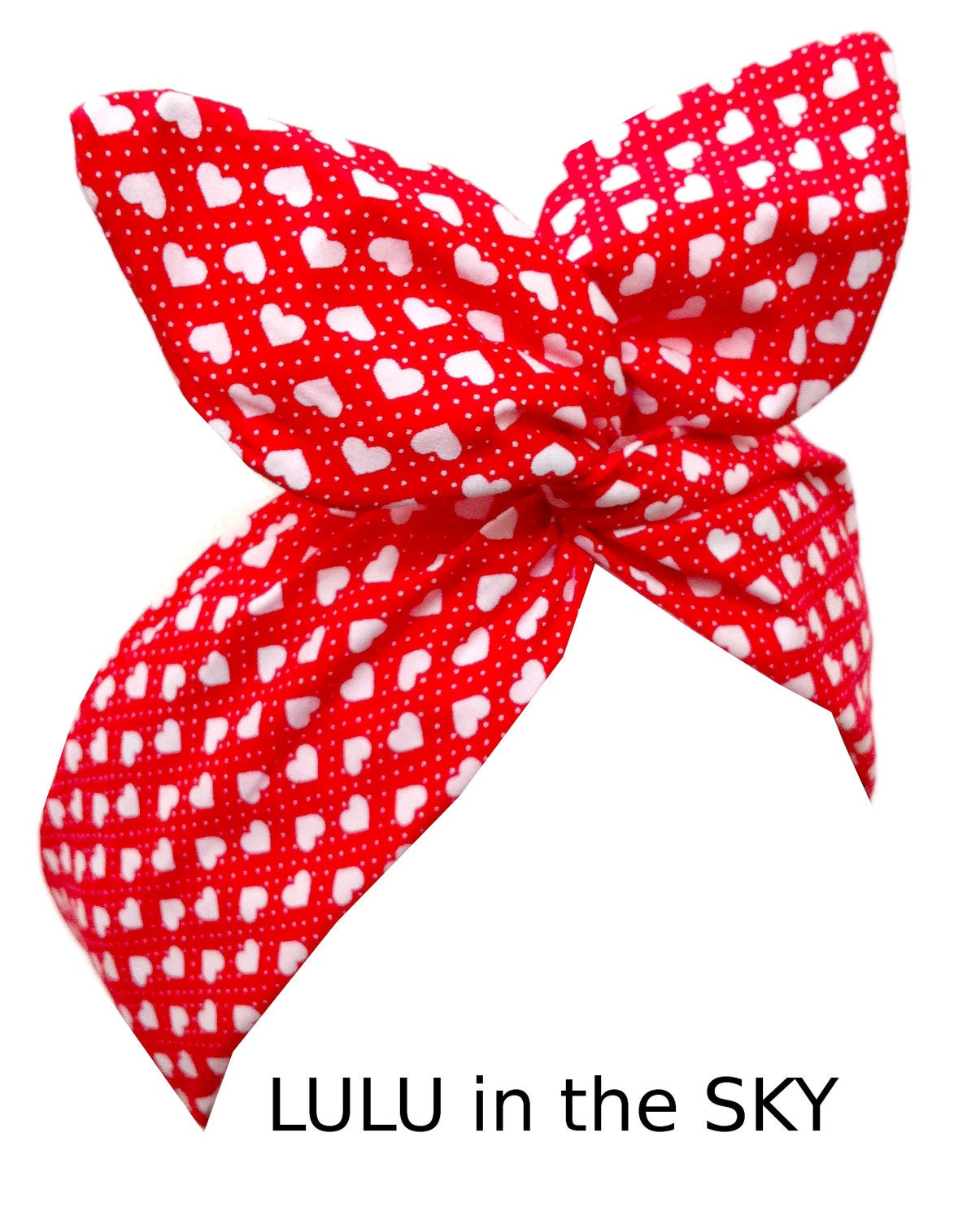 Rockabilly Wire Pin up Headband Red with small White Love Heart Print.. Hair Wrap