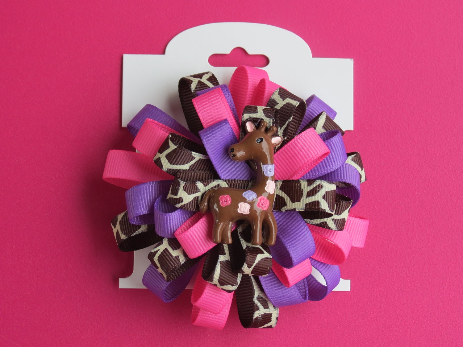 Flower Loop Hair Bow - Hot Pink and Grape Giraffe