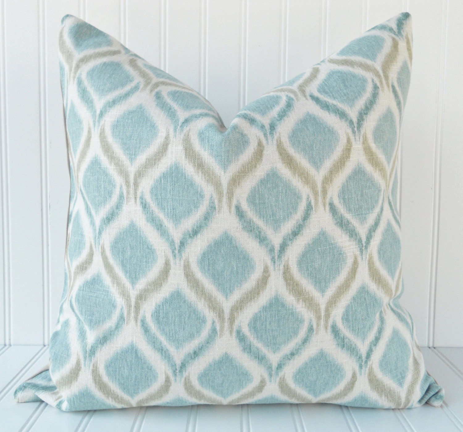 Blue IKAT Throw Pillow - 18 x 18 inch - Blue Teal Taupe and Ivory - Rayon/Linen - Blue Ikat Pillow Cover