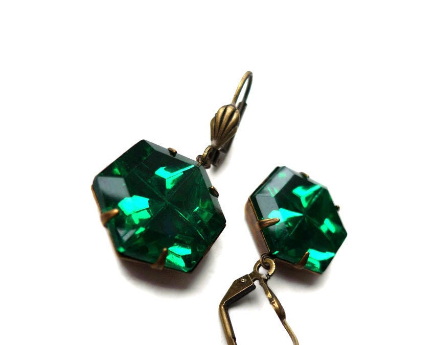 Huge Emerald Earrings - Vintage Rhinestone Jewelry