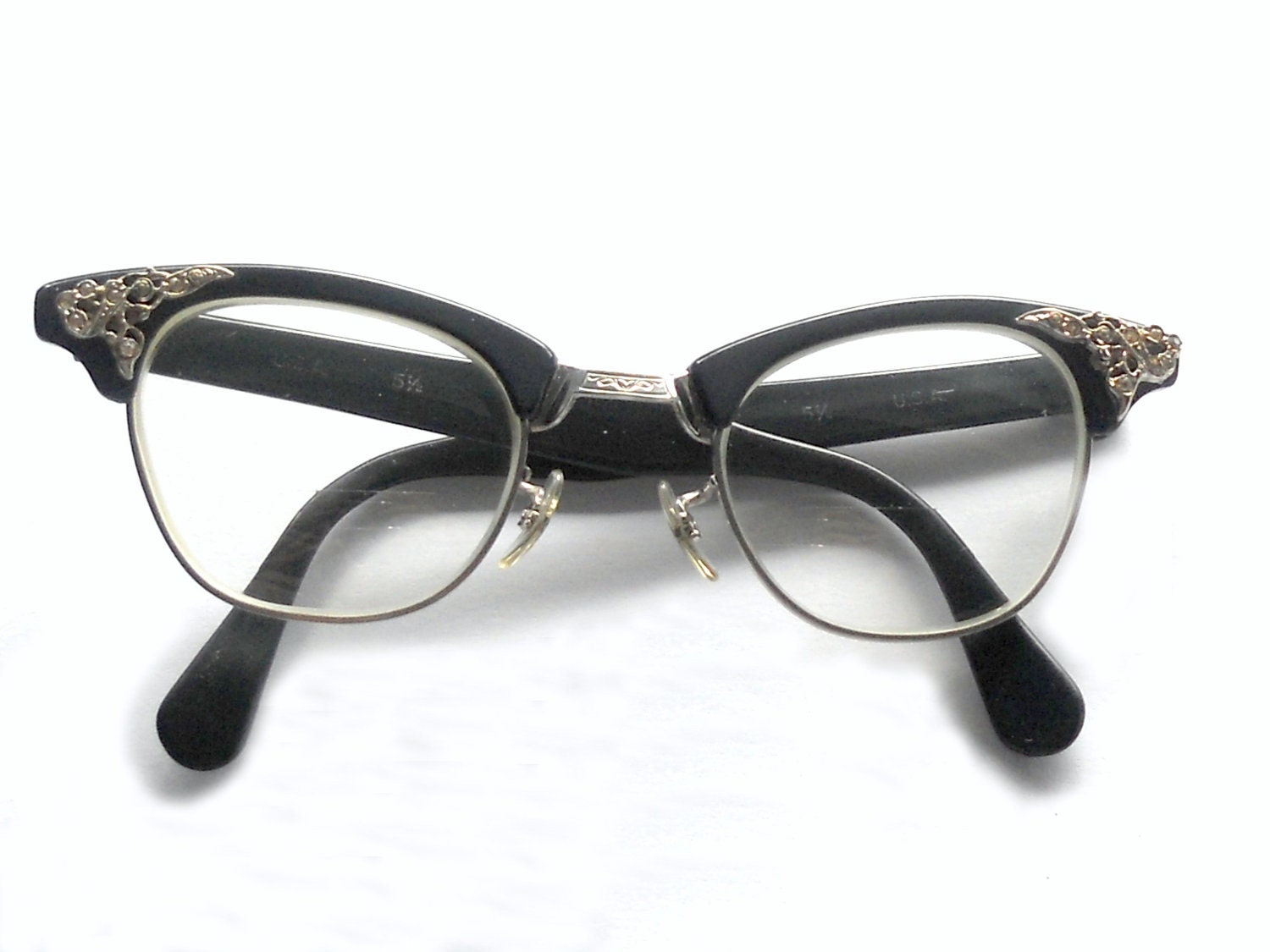 Vintage 1950s Eyeglasses Dark Blue and 12 K Gold Filled Horn Rimmed Frames w /Rhinestones by Riso - houseofheirlooms
