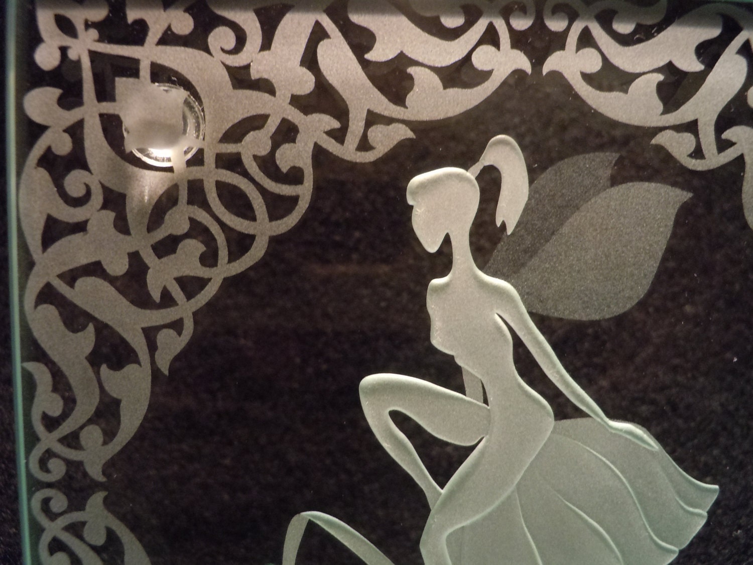 Glass Coaster Etched Art - Fairy on Toadstool with Filigree Design - Layered Image