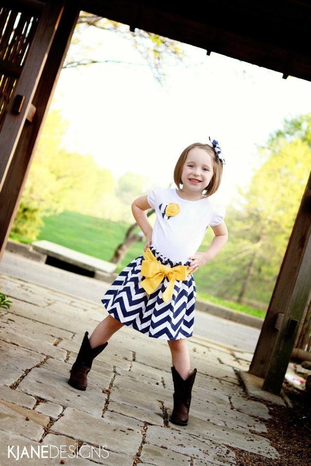 Navy and White Chevron Skirt with Buttercup Sash, Matching Rosette Shirt and Coordinating Bow.  Sizes 3 months - girls size 10.