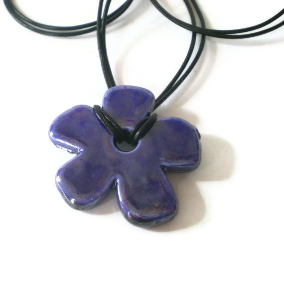 blue flower necklace, ceramic pendant, black leather cord , shabby chic, daisy, cobalt blue