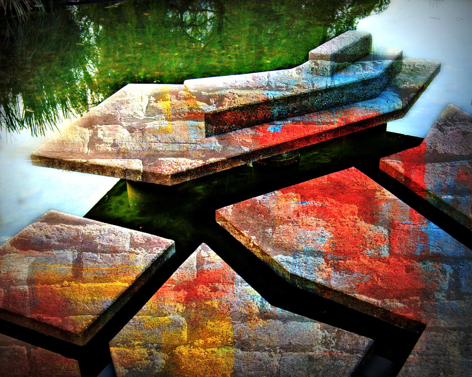 Abstract Photo, Surreal Photo, a Stepping Stone Walkway, 8x10 Fine Art Photo, Home Decor in blue and red, Original Fine Art
