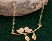 Stunning Custom Lovebird necklace with Personalized Initial Leaf Charms and natural wire wrapped Labradorite