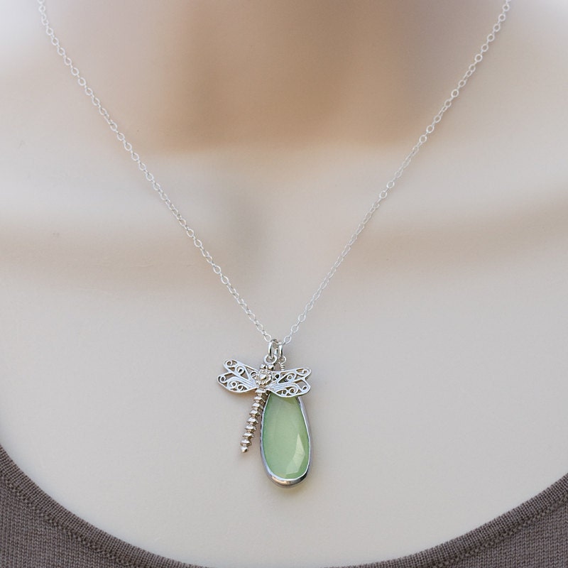 Light Green Chalcedony bezel Necklace - Chalcedony Necklace - Dragonfly Charm - Dragonfly Necklace - Sterling - Dragonfly Necklace Pendant
