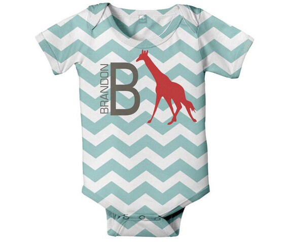 Baby Boy Chevron Onesie, Personalized Red Giraffe Snapsuit