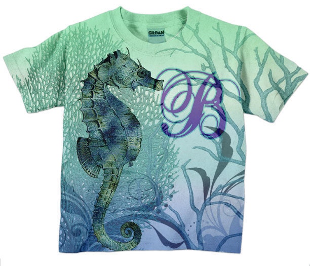 Girls Seahorse Shirt, Toddler Monogram Tshirt, Childs Nautical Tee Top