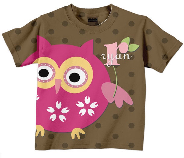Girls Owl Shirt - Personalized Brown Polka Dots Top Monogrammed