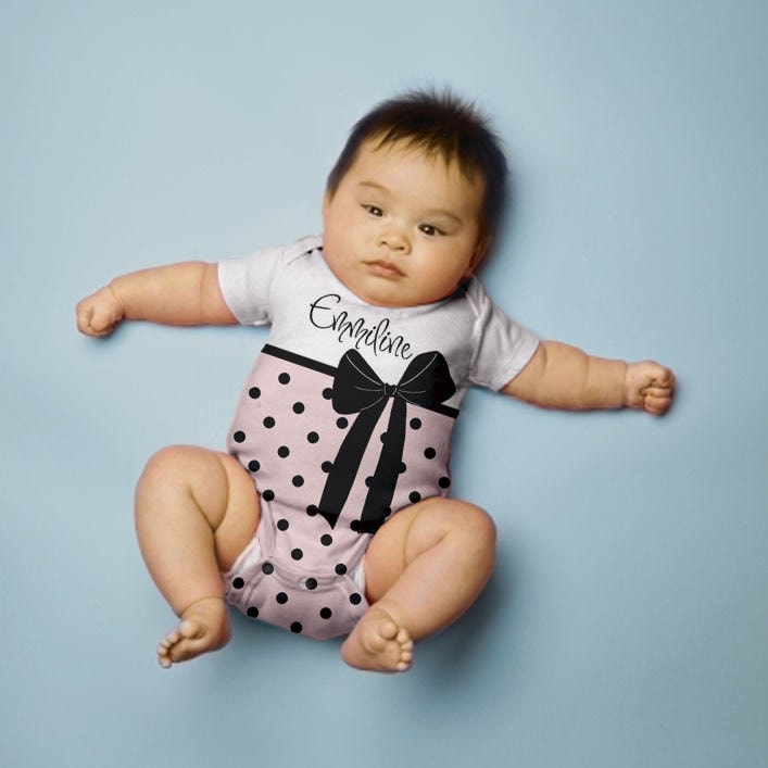 Personalized Onesie, Baby Girl Bodysuit, Pink Polka Dot Bow Baby Clothing
