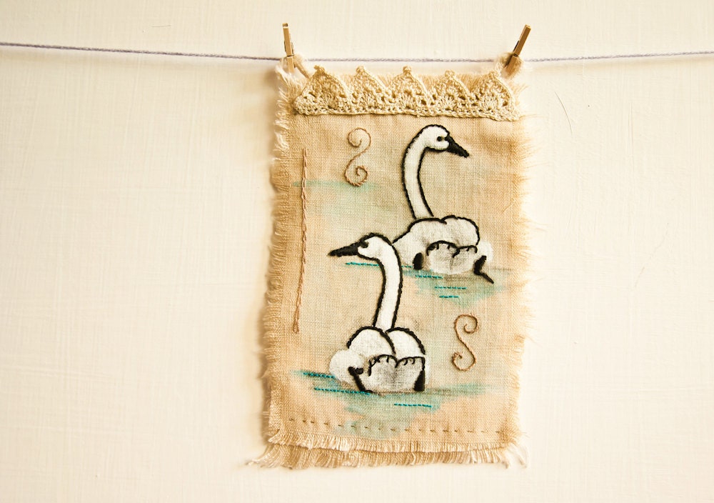 Tundra Swans Embroidered Painting - Bird Wall Decor