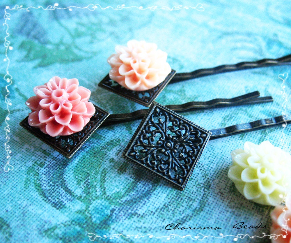 18 Filigree Bobby Pins Hair ornaments Antique Bronze, Diamond, 66x26.5x4.5mm