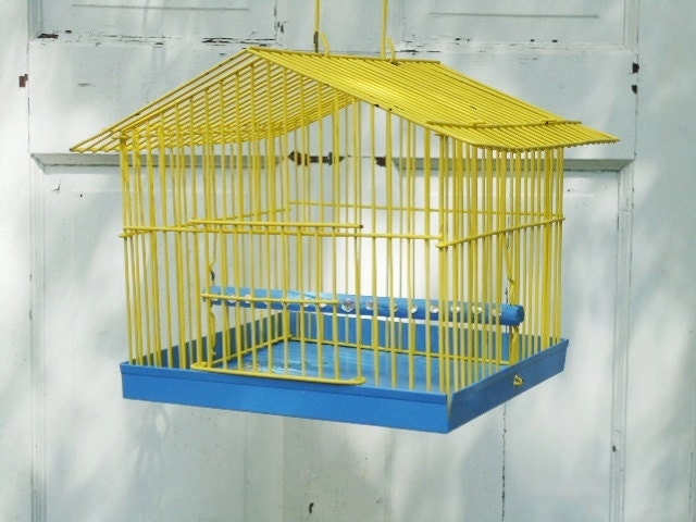 Small Decorative Bird Cage - UpCycled Bird Cage - French Country Yellow and Blue - Painted Bird Cage