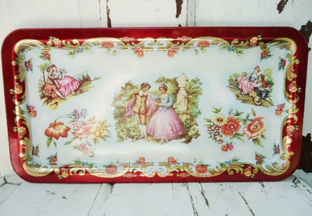 Victorian Dahr Metal Tray, Metal Courtship Tray, Vintage Serving Trat, Shabby Chic Decor
