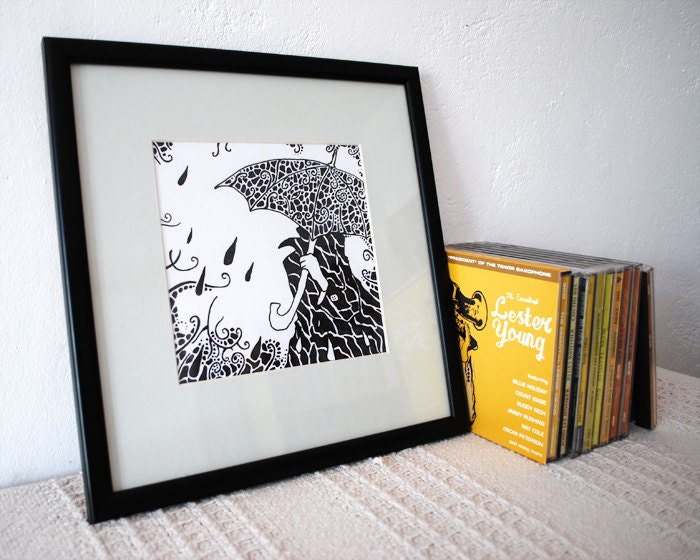 Graphic art Framed drawing Rainy Day Pen and ink art print Black and white line art Mounted print