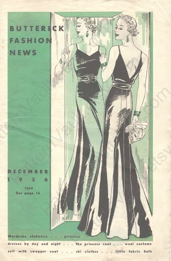 Butterick Fashion News, December 1936 Illustration of a woman in evening dress before a mirror - 1930s Butterick Fashion News cover