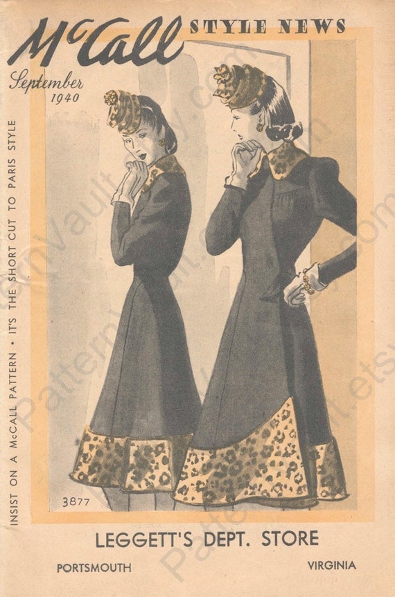 McCall Style News, September 1940 A woman in a coat with leopard trim contemplates her reflection - 1940 McCall Style News cover