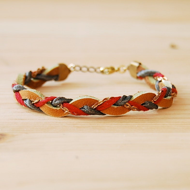 Leather & Brass Braided Bracelet in Red and Grey, "The Bohemian"
