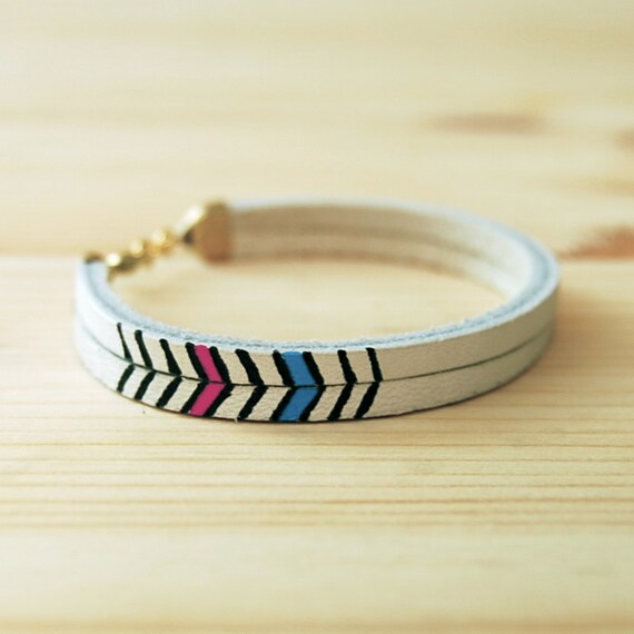 Leather Bracelet in White with Pink and Blue Chevron Pattern, "The Pecos Handpainted"