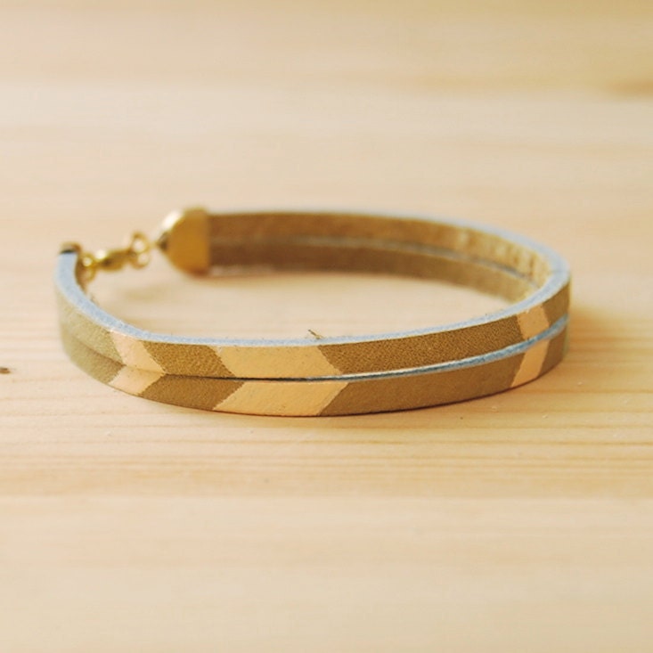 Leather Bracelet in Beige with Pink and Seafoam Green Chevron Pattern, "The Pecos Handpainted"