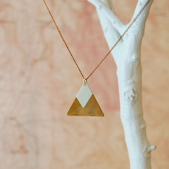 Hand-Painted Large Brass Triangle Necklace: Seafoam Green