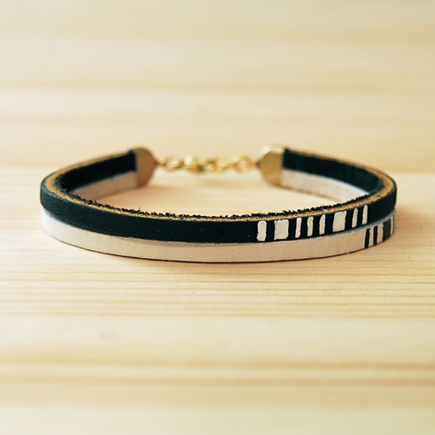 Leather Bracelet in Black & White, "The Pecos Handpainted"